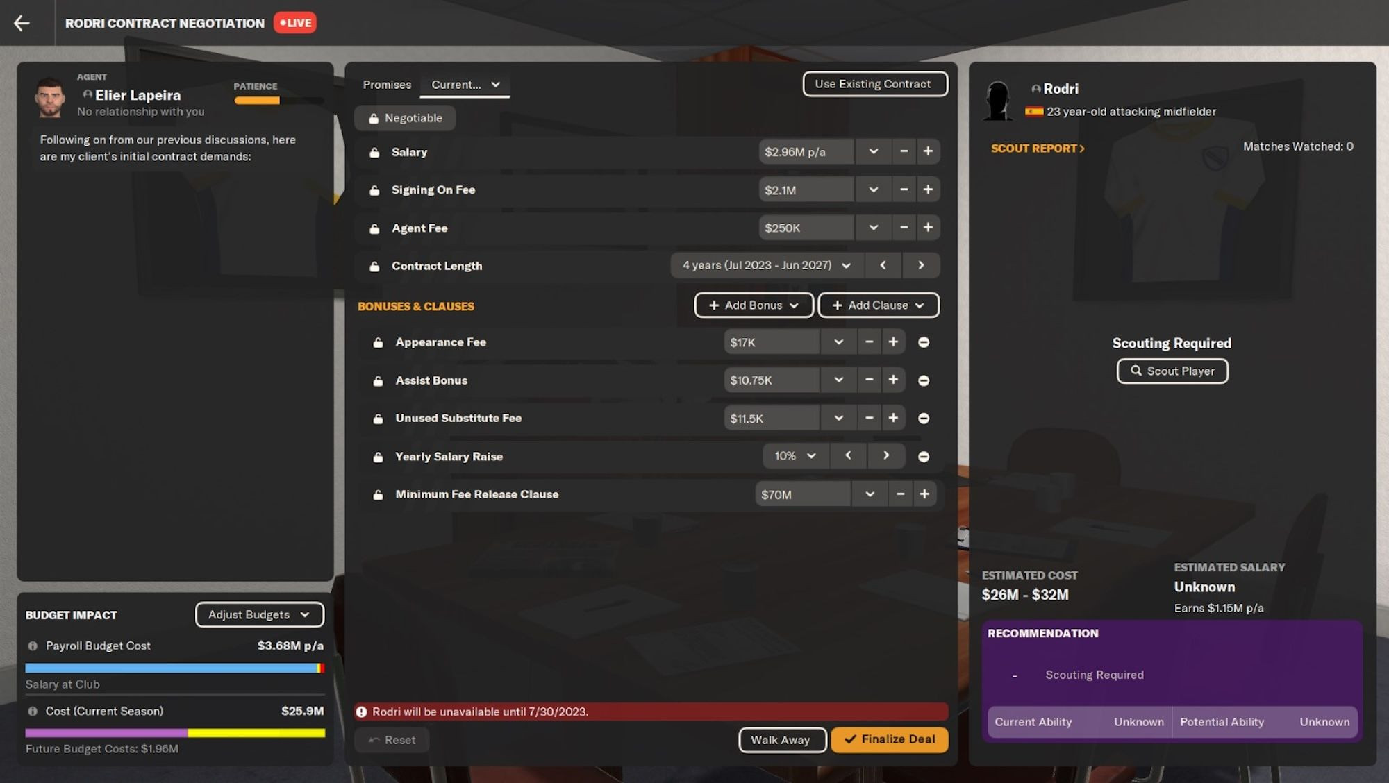 Contract negotiations screen for Rodri in Football Manager 2024
