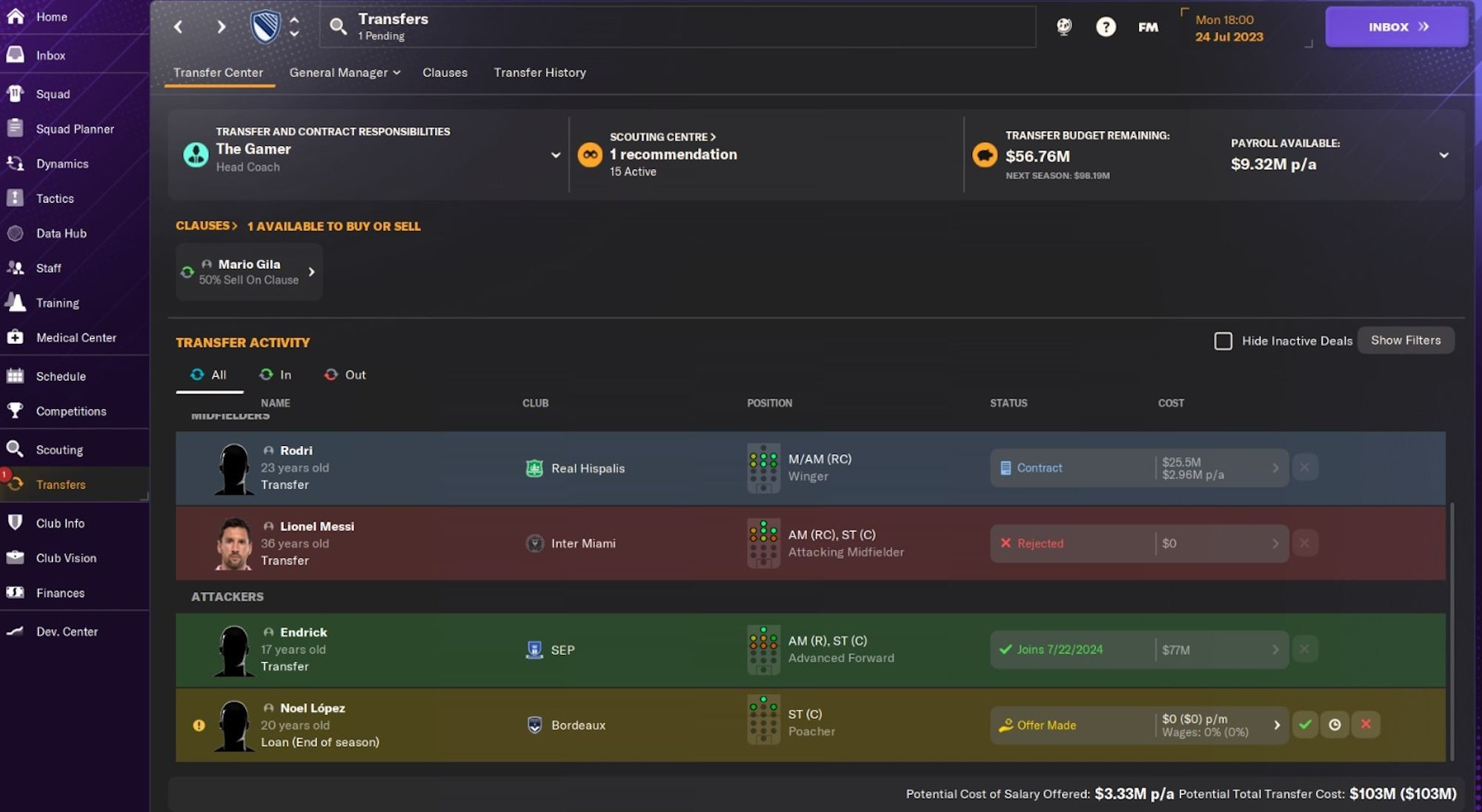 Transfer Center screen in Football Manager 2024