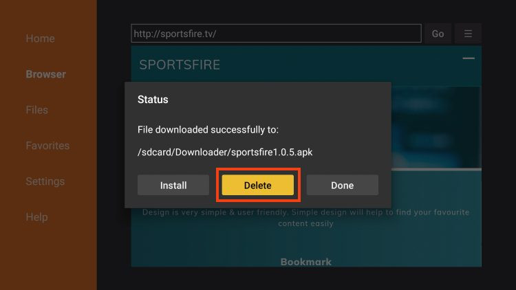 click delete for sportsfire apk