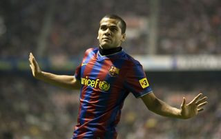 Dani Alves celebrates after scoring for Barcelona against Athletic Club in November 2009.