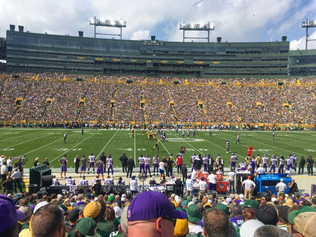 View from the 40-yard line in the lower bowl at Lambeau Field in Green Bay, WI.