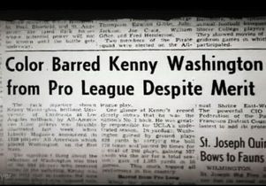 Old newspaper clipping highlighting the NFL's initial rejection of Kenny Washington due to racial barriers.