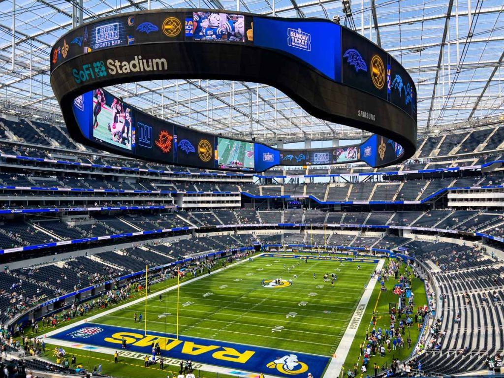 A wide angle view of the incredible SoFi Stadium in Los Angeles, California