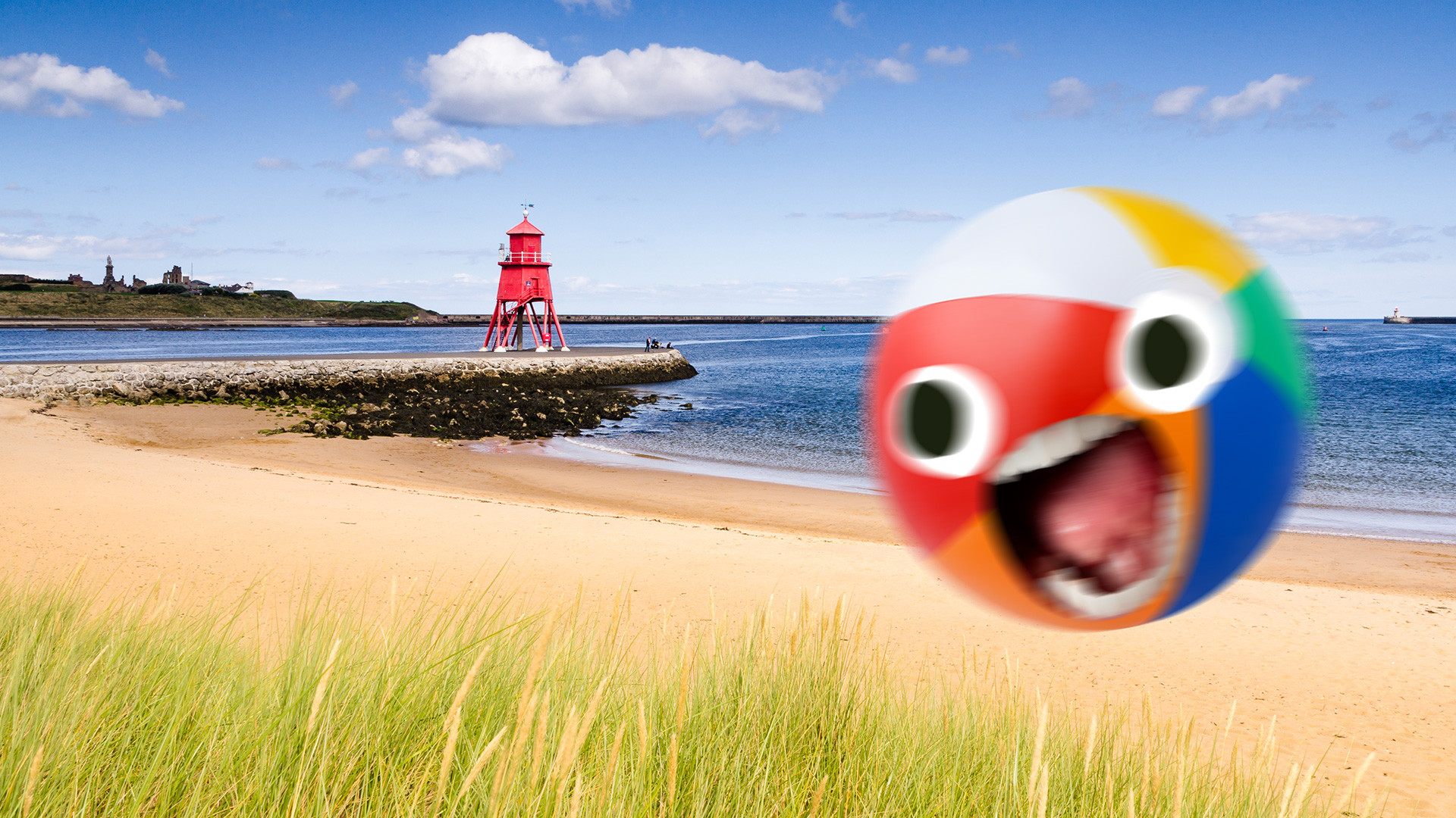 A ball flying along South Shields beach