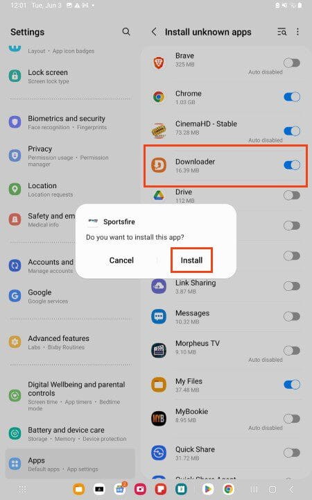 enable unknown apps and click install sportsfire apk