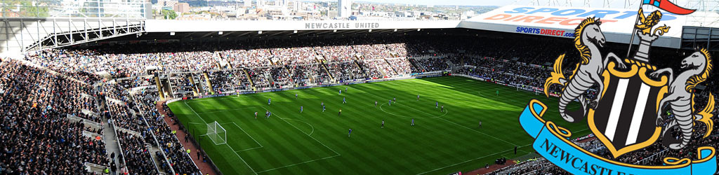 Exterior shot of St James' Park, the iconic home of Newcastle United, with its towering stands.