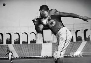 Woody Strode and Kenny Washington in vintage NFL action, showcasing their historic integration of the league.