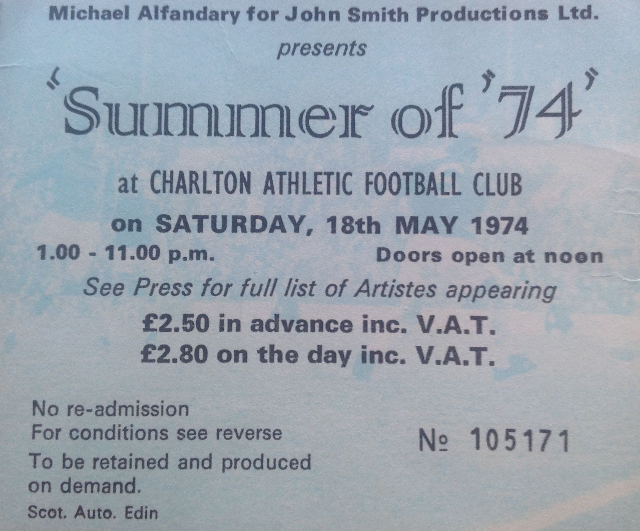 The Who Charlton Athletic Football Club 18th May 1974 Ticket