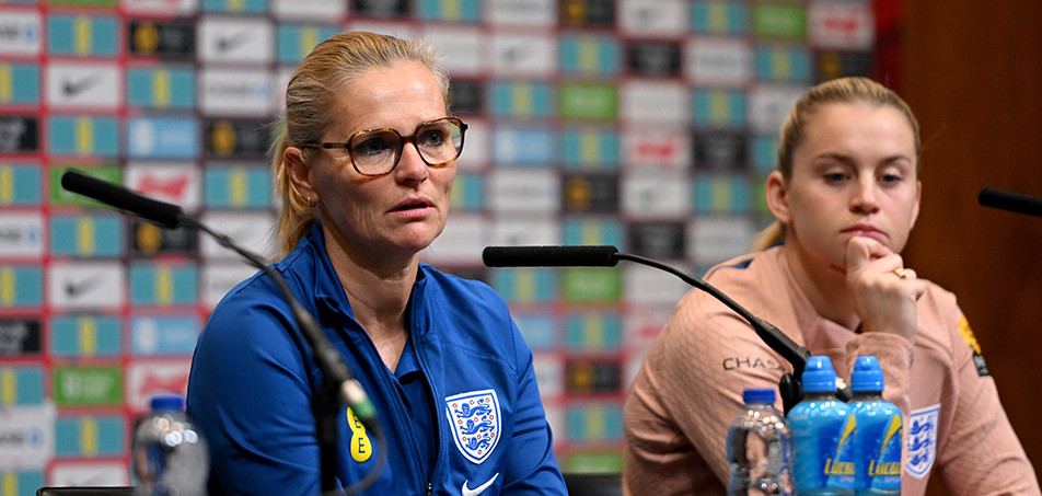 Sarina Wiegman and Alessia Russo at the press conference for England vs Spain